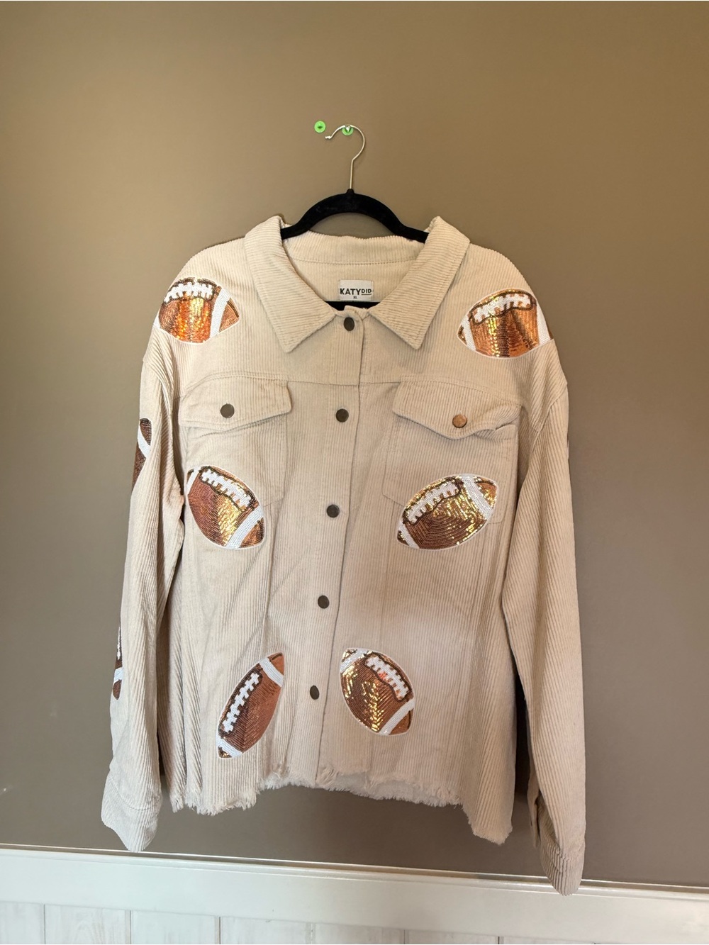 Katydid Beige Corduroy Jacket with Sequin Football Appliqués
